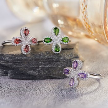 Flower-shaped S925 Sterling Silver Ring Set With Natural Gemstones